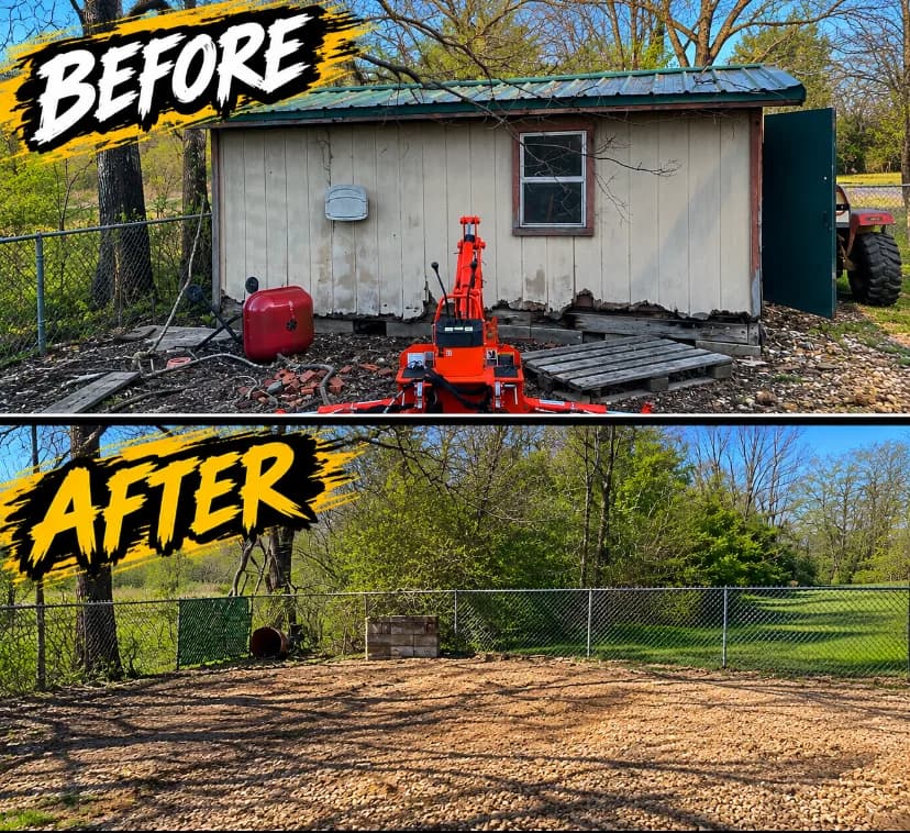 Before and after: a cluttered shed and yard cleared to clean gravel